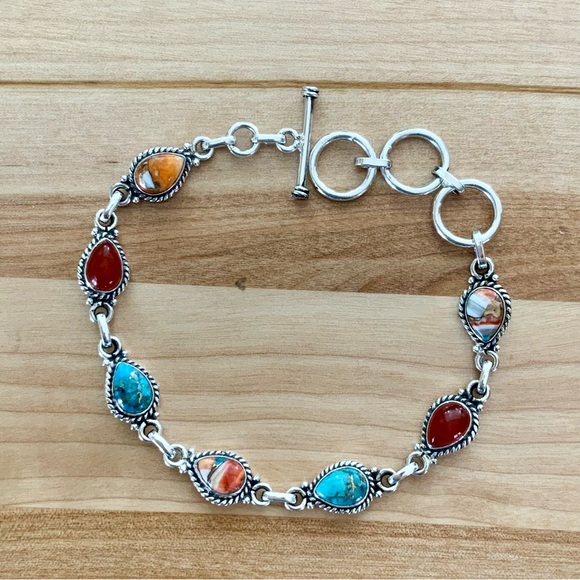 Turquoise, Spiny Oyster & Carnelian Solid 925 Sterling Silver Bracelet - Picture 1 of 5